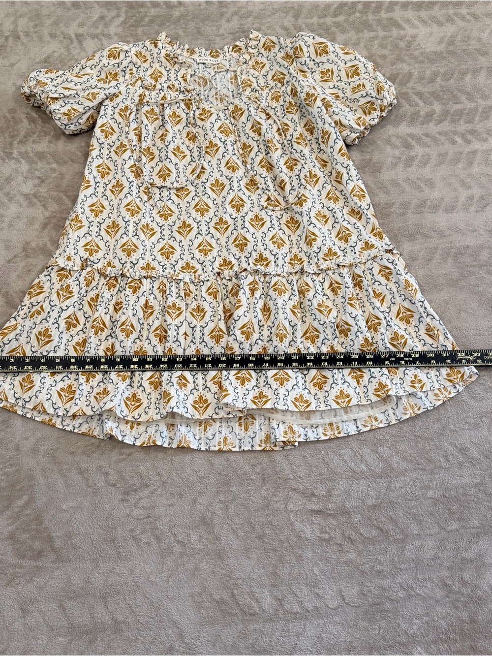 Moon River Mustard Yellow White Damask Print Tiered Short Sleeve Mini Dress Size - Picture 4 of 8